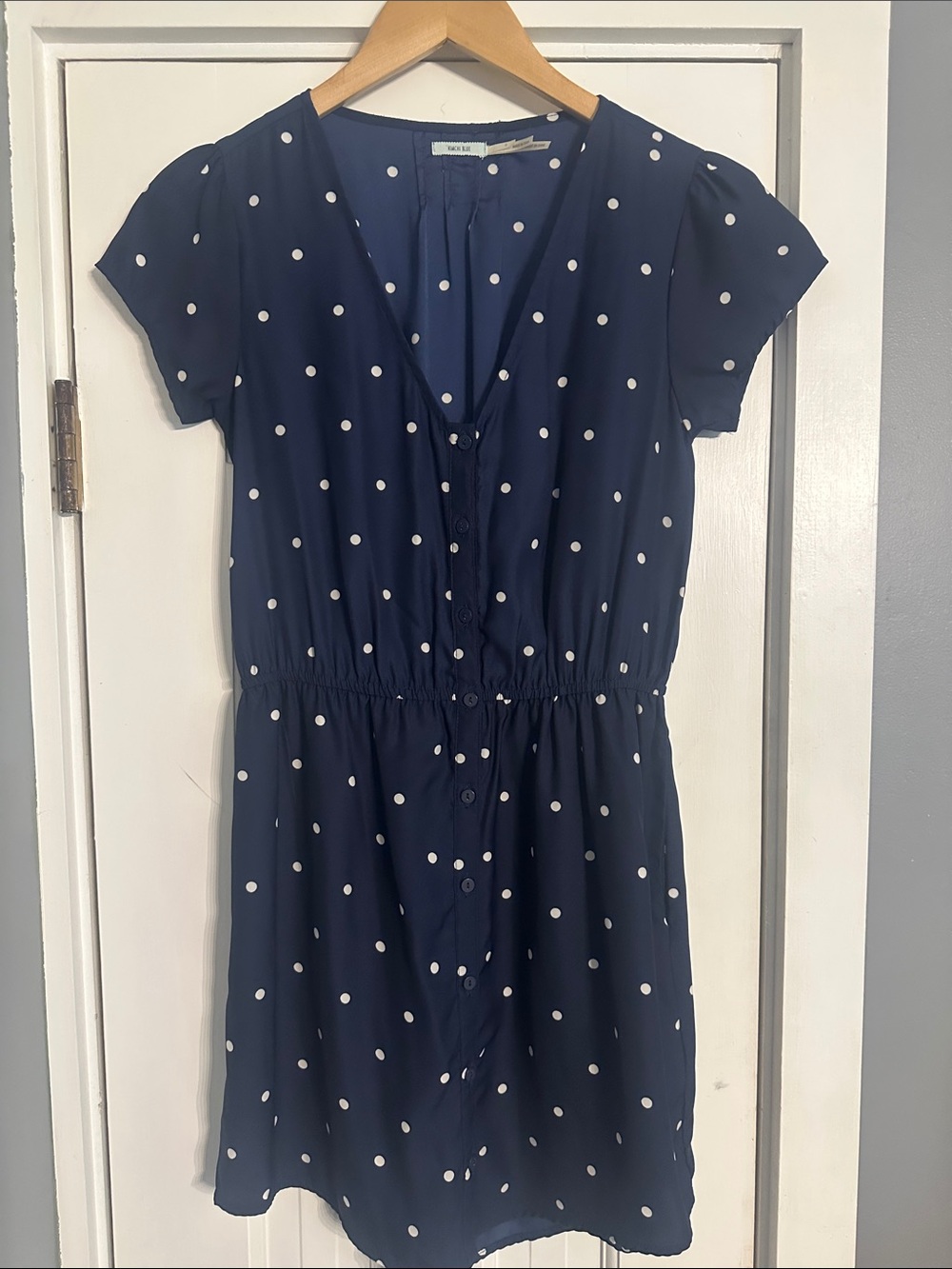 Kimchi Blue Sabrina Polka Dot Button Front Mini Dress Navy White Small